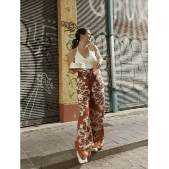 Zara Rustic Red Floral printed linen blend Pants High Waist Bloggers Fav size S - Picture 1 of 5